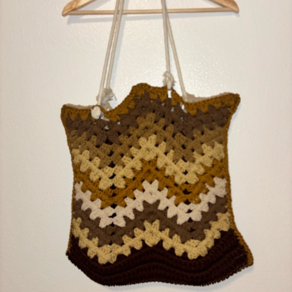 Brown and Tan Crochet Tote Bag - Picture 2 of 6
